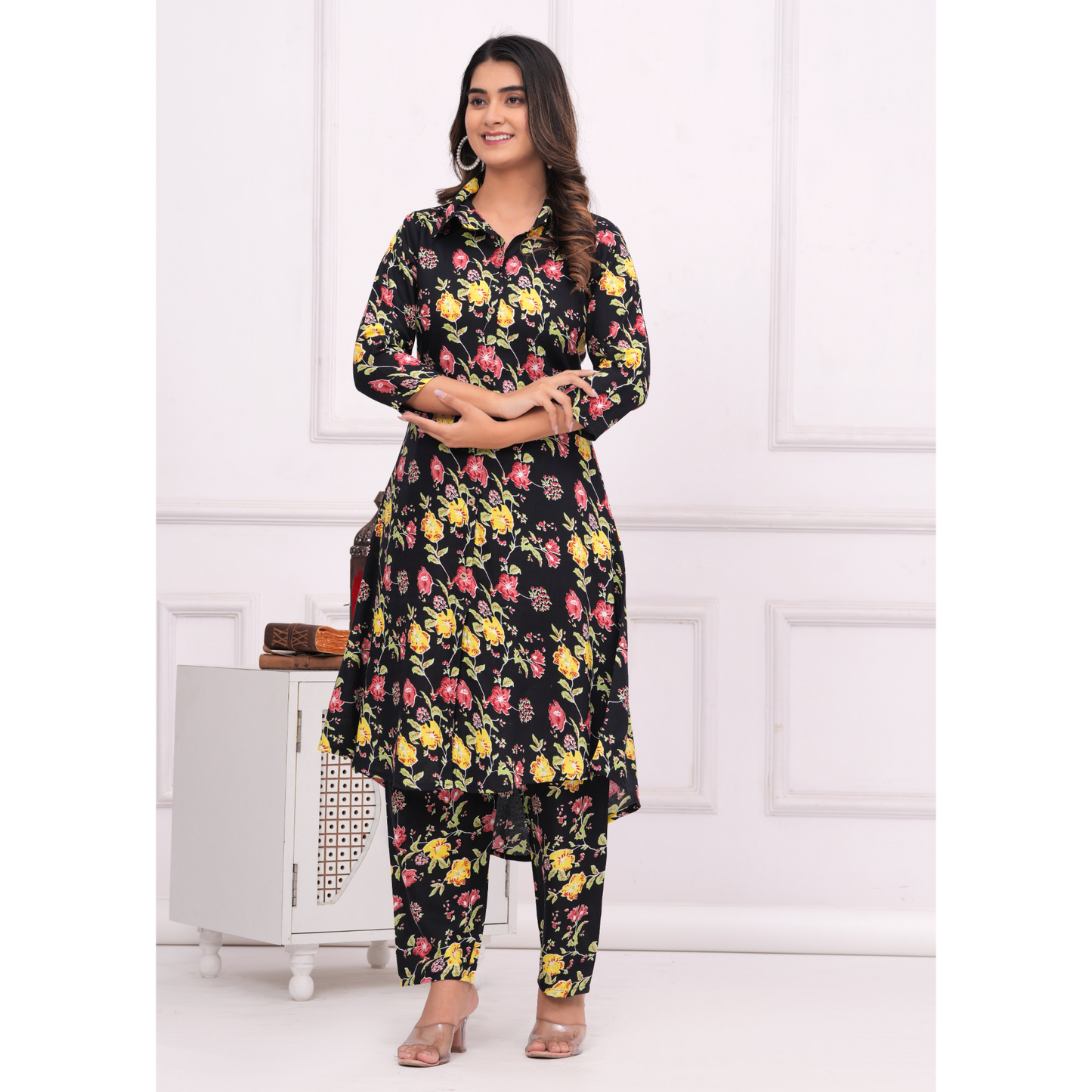 Jikonet Women's Co-Ord Set Kurta with Pant Set Outdoor Outfits Wear (Black)