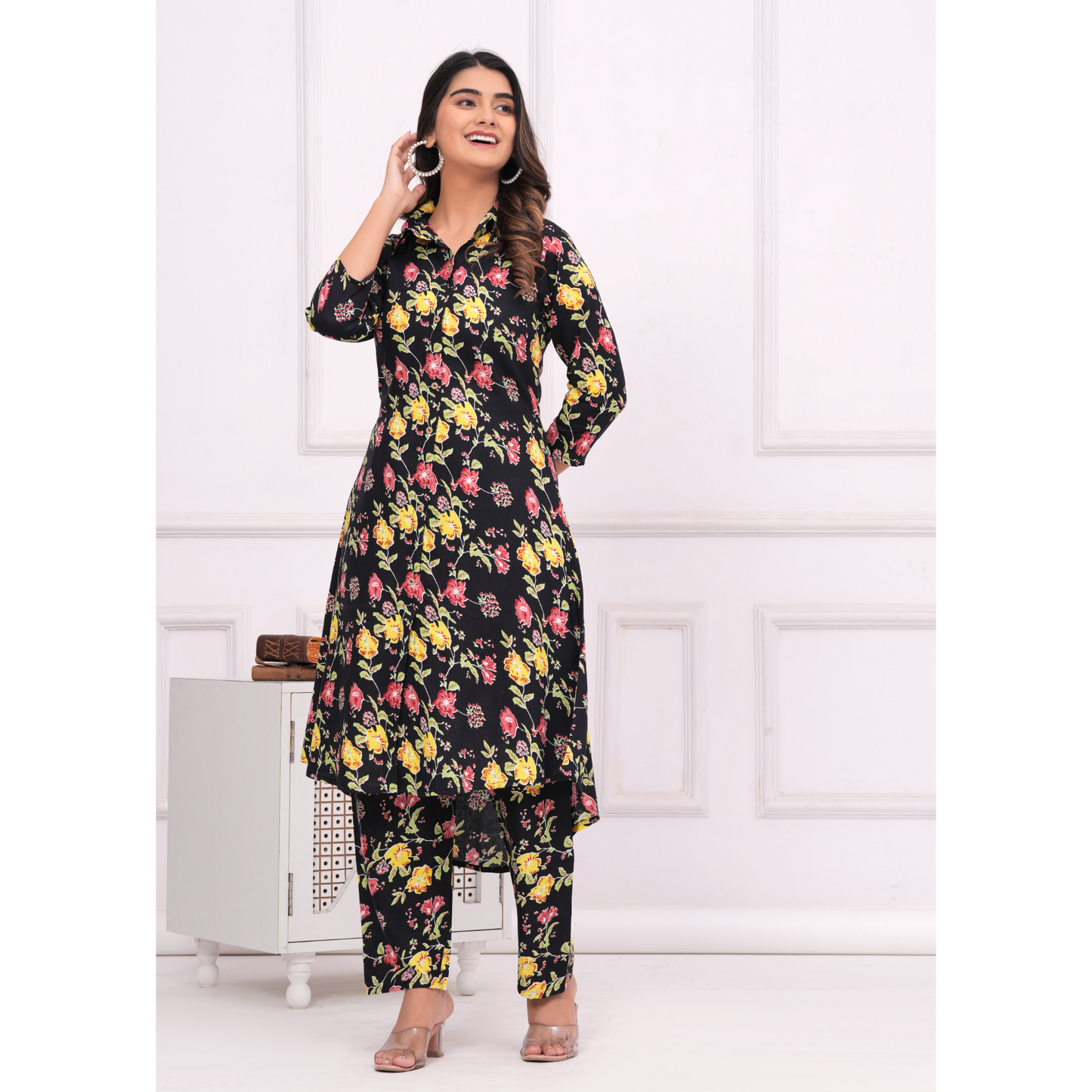 Jikonet Women's Co-Ord Set Kurta with Pant Set Outdoor Outfits Wear (Black)
