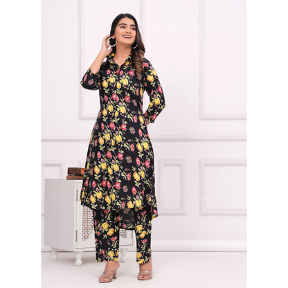 Jikonet Women's Co-Ord Set Kurta with Pant Set Outdoor Outfits Wear (Black)