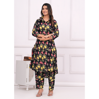 Jikonet Women's Co-Ord Set Kurta with Pant Set Outdoor Outfits Wear (Black)
