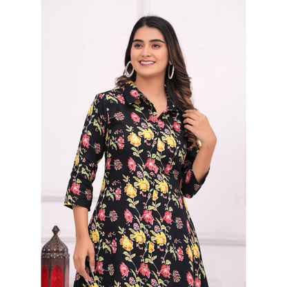 Jikonet Women's Co-Ord Set Kurta with Pant Set Outdoor Outfits Wear (Black)