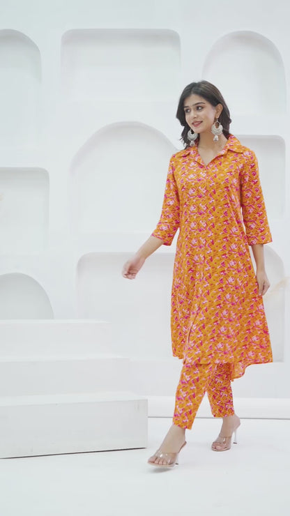 Jikonet Women's Co-Ord Set Kurta with Pant Set Outdoor Outfits Wear (Orange)